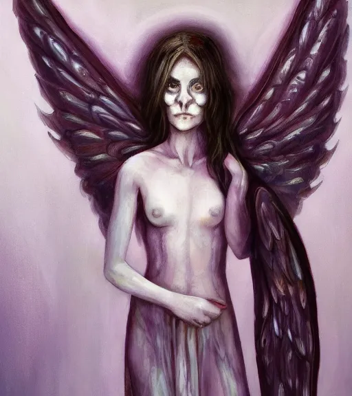 Prompt: the pale decaying beautiful girl with the most evil glowing wings, evil realm painting