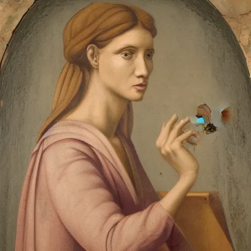 Image similar to fresco material portrait of a sad lady 2 7 years old, with wasp