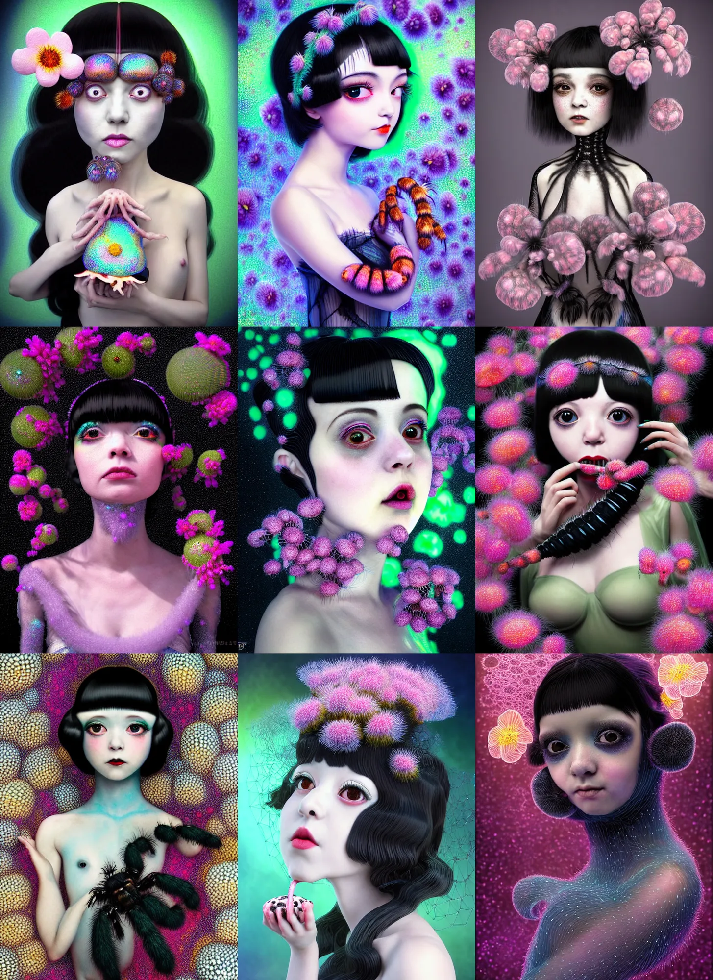 Prompt: hyper detailed 3d render like a Oil painting - kawaii portrait Aurora (a black haired tarantula headed 1920s flapper-girl from the future) seen Eating of the Strangling network of (charcoal and ben day dots) and milky Fruit and Her delicate pedipalps hold of gossamer polyp blossoms bring iridescent fungal flowers whose spores black the foolish stars by Jacek Yerka, Ilya Kuvshinov, Glenn Barr, Mariusz Lewandowski, Houdini algorithmic generative render, Abstract brush strokes, Masterpiece, Edward Hopper and James Gilleard, Jeff Koons, Zdzislaw Beksinski, Mark Ryden, Wolfgang Lettl, hints of Yayoi Kasuma, octane render, 8k