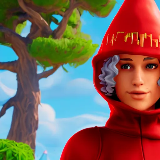 Image similar to a curly haired female wizard wearing a red wizard hat as a fortnite character, screenshot from fortnite, 3 d unreal engine render