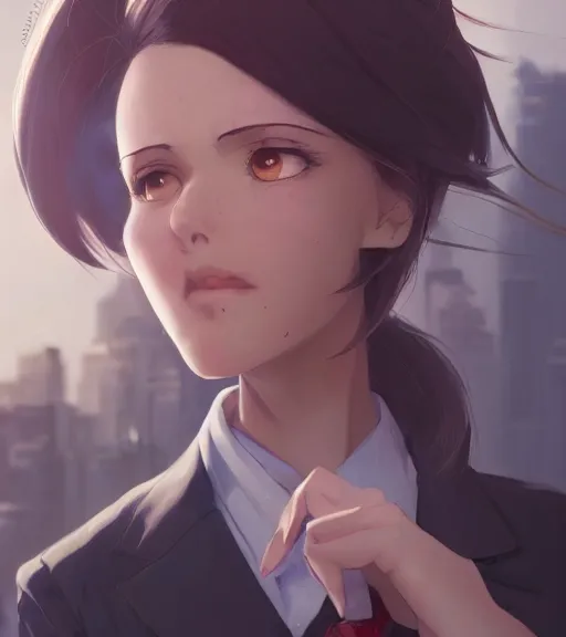 Image similar to a girl in a business, close up, sharp focus, red necktie, grey hair, city background, digital painting, by tran ross and jordan grimmer and greg rutkowski, anime art, artstation, hd, smooth,