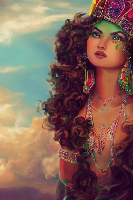 Image similar to dreamy beautiful persian egyptian princess in colorful clouds and smoke, green eyes, red dress, long black curly hair, smiling in awe wearing a diamond tiara, face, highly detailed, artstation, concept art, sharp focus, hyper realistic, octane render, unreal engine, 8 k