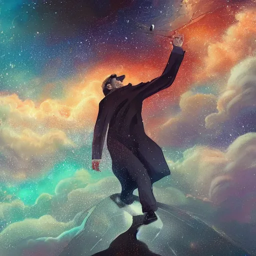 Image similar to energetic man in business suet walk on milky way, acrilic paint, digital, artstation, detailed intricate ink illustration, heavenly atmosphere, digital art, overdetailed art, concept art, complementing colors, trending on artstation, cgstudio, the most beautiful image ever created, dramatic, subtle, details, award winning artwork, beautiful scenery