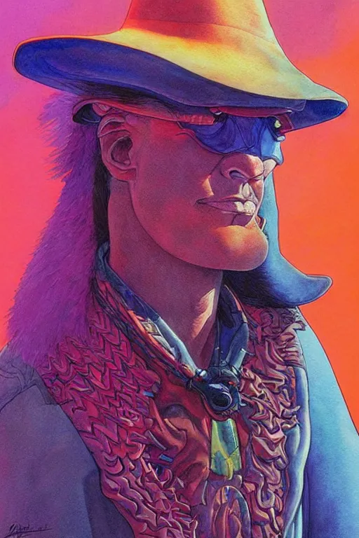 Image similar to portrait of fantasy emu rider with hat, scifi, art by jean giraud, moebius, juan gimenez, in watercolor gouache detailed paintings, in style of syd mead, colorful comics style, artstation