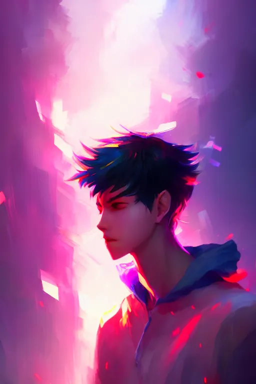 Prompt: a boy looks like meguro ren, blurred environment background, colorful magic effects, white skin, portrait, male, clothed, sharp focus, digital art, concept art, trending on artstation, dynamic lighting, by emylie boivin and rossdraws