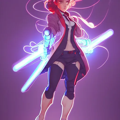 Image similar to a full body character design by artgerm, cushart krenz, ross tran, alphonse mucha. cute mad scientist girl lab coat futuristic huge collosal shoulder cannon rocket bazooka!! bold outline sharp edges. ultra clear detailed. 8 k. elegant, neon colors, dynamic angle, intricate complexity, epic composition, action pose, cinematic lighting masterpiece