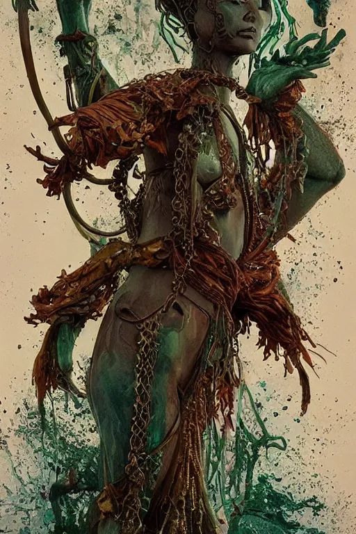Image similar to epic 3 d oxossi, ifa deity, liquid hands and feet spinning, 2 0 mm, with brown and green water melting smoothly into herbs and wooden contraptions, fierce, animalistic, intricate, houdini sidefx, trending on artstation, by jeremy mann and ilya kuvshinov, jamie hewlett and ayami kojima, 3 d bold