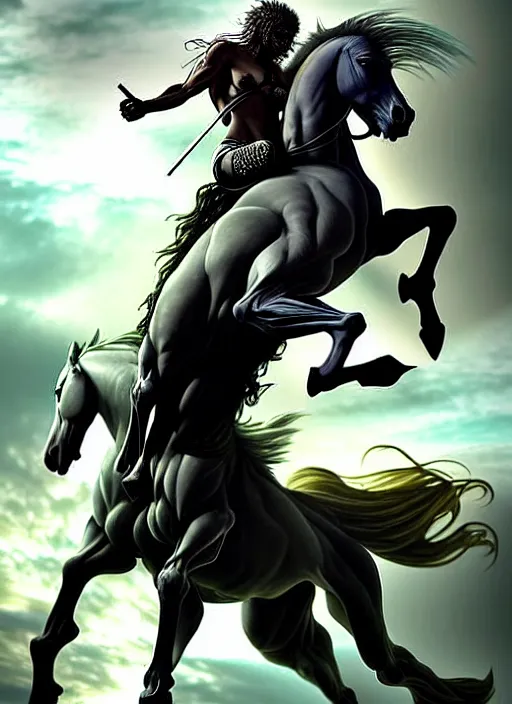 Image similar to the singular horseman of the apocalypse is riding a strong fierce ferocious rabid undead green stallion, horse is up on its hind legs, the strong male rider is death with a scithe, beautiful artwork by artgerm and rutkowski, breathtaking, dramatic, full view