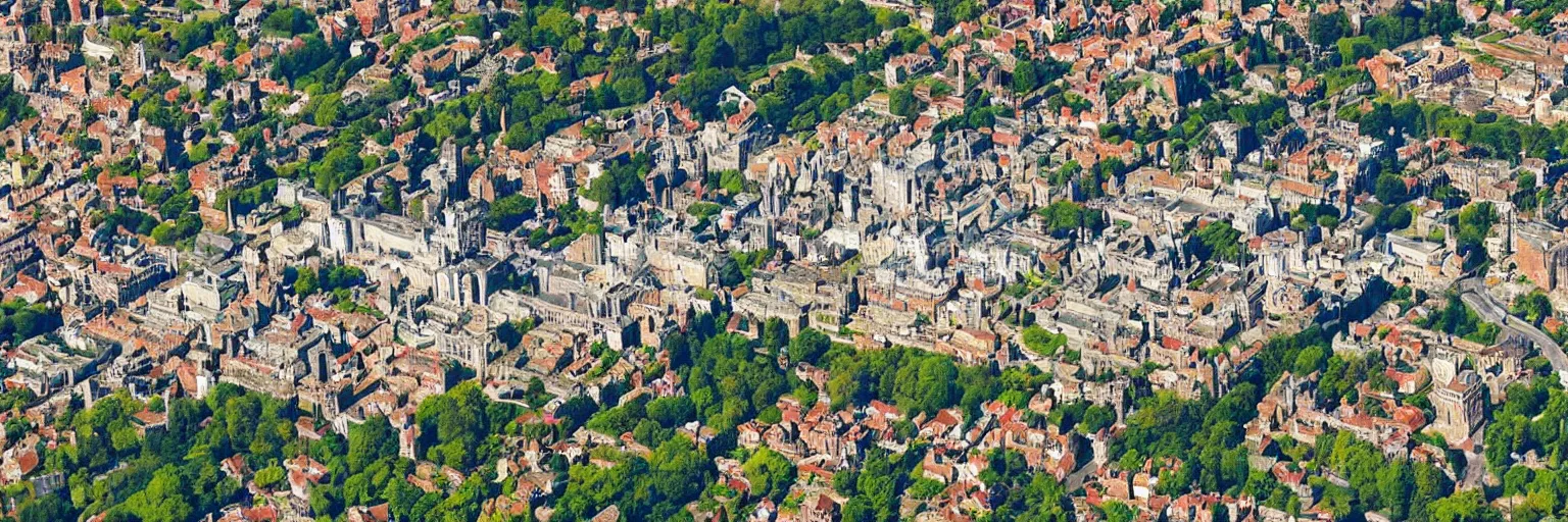 Prompt: A beautiful landscape of a city, with a castle and gardens in the middle, aerial view