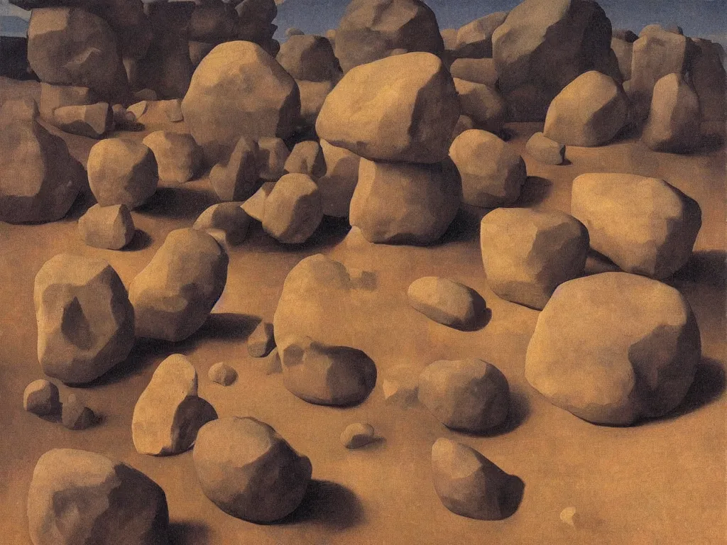 Prompt: The sentient rocks are taking revenge. long, long shadows over the man. Surreal everything: tooth an nail. Painting by Zurbaran, Rene Magritte, Jean Delville, Max Ernst, Maria Sybilla Merian