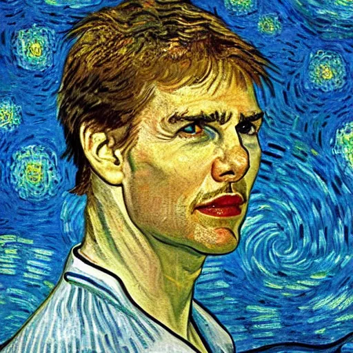 Image similar to Tom Cruise swimming in the sea by Van Gogh