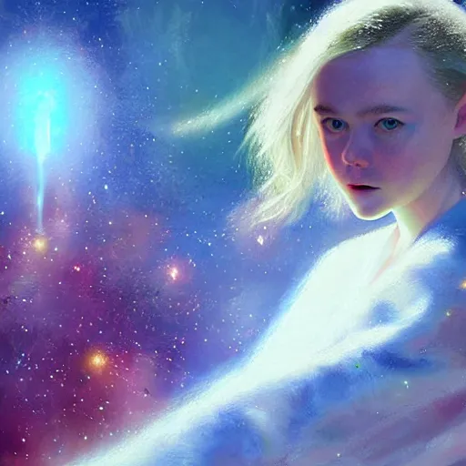 Image similar to a striking hyper real painting of Elle Fanning in space by Craig Mullins