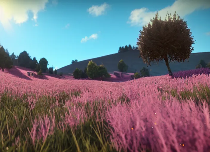 Image similar to fields full of flowers, pink and pyrple trees and blue sky with hills in the background. Intricate. Very detailed 8k. Fantasy horror. Sharp. Cinematic post-processing. Unreal engine. Nanite. Ray tracing. Parallax. Tessellation