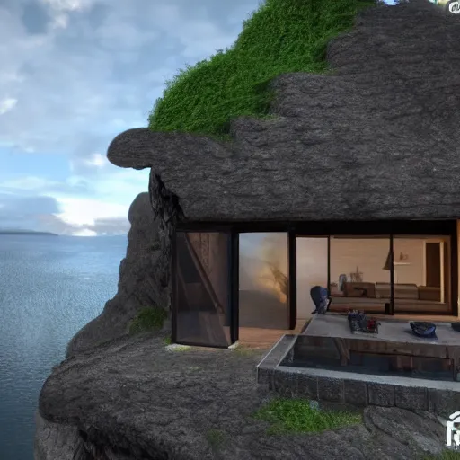 Image similar to house on the island rock, unreal engine, high detail, realism, award winning, detailed lighting, view above
