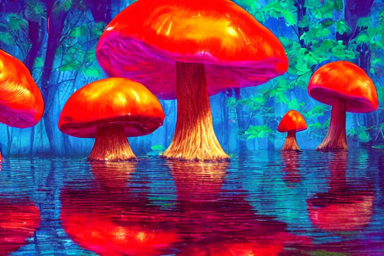 Image similar to a painting of giant mushrooms with next to a small bridge, flowing water, digital art, scenic, reds, purples, pink, reflections, blue lighting, glow's in side the mushrooms, complex background, chill,