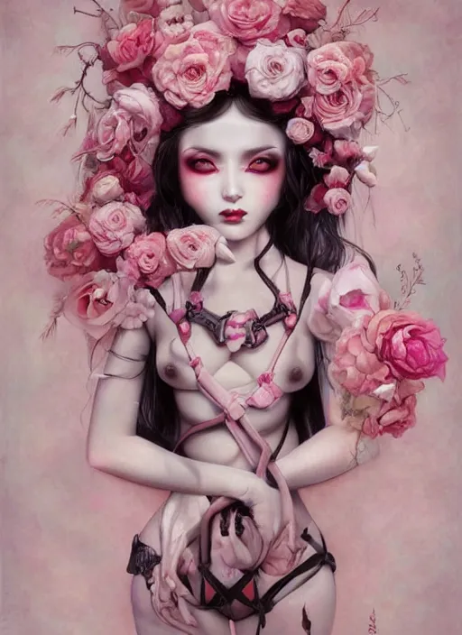Image similar to pop surrealism, lowbrow art, realistic seductive cute woman painting, pink body harness, long hair, japanese shibari with flowers, hyper realism, muted colours, rococo, natalie shau, loreta lux, tom bagshaw, mark ryden, trevor brown style,