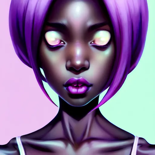 Image similar to portrait of a black anime manga girl, french bob hair, white hair, purple eyes, by artgerm, james jean, tom bagshaw, gerald brom, vaporwave colors, lofi colors, vaporwave, lofi, goth vibe, 4 k, smooth, hd, substance designer render, full body character concept art, symmetrical, 2 point lighting,