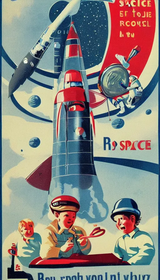 Image similar to retro propaganda poster for space exploration, rocket launching, small humans watching