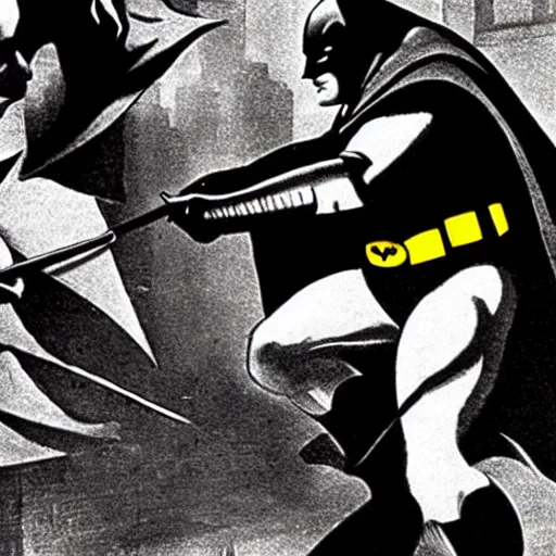 Image similar to a close - up old black and white photo, 1 9 1 3, depicting batman fighting a bad guy in an ally of new york city, rule of thirds, historical record