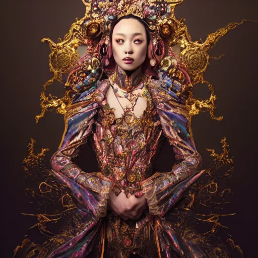 Image similar to a beautiful empress portrait, with a brilliant, impossible striking big cosmic galaxy headpiece, clothes entirely made out of cosmos chaos energy, symmetrical, dramatic studio lighting, rococo, baroque, jewels, asian, hyperrealism, closeup, D&D, fantasy, intricate, elegant, highly detailed, digital painting, artstation, octane render, 8k, concept art, matte, sharp focus, illustration, art by Artgerm and Greg Rutkowski and Alphonse Mucha