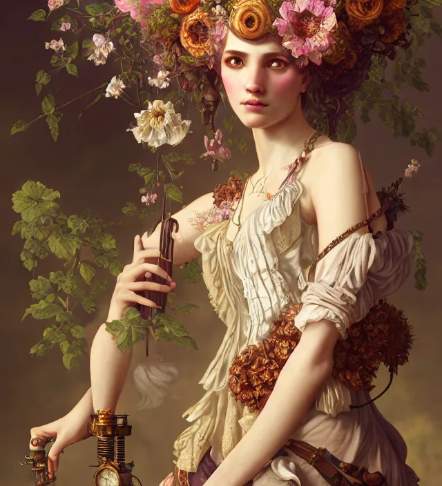 Image similar to baroque portrait of a steampunk bohemian nature nymph in a simple dress with floral decoration, cinematic lighting, photorealistic, octane render, 8 k, depth of field, 3 d, art by artgerm and greg rutkowski and alphonse mucha and uang guangjian