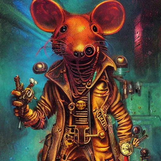 Image similar to steampunk rat, acid, 303, psychedelic, by paul lehr