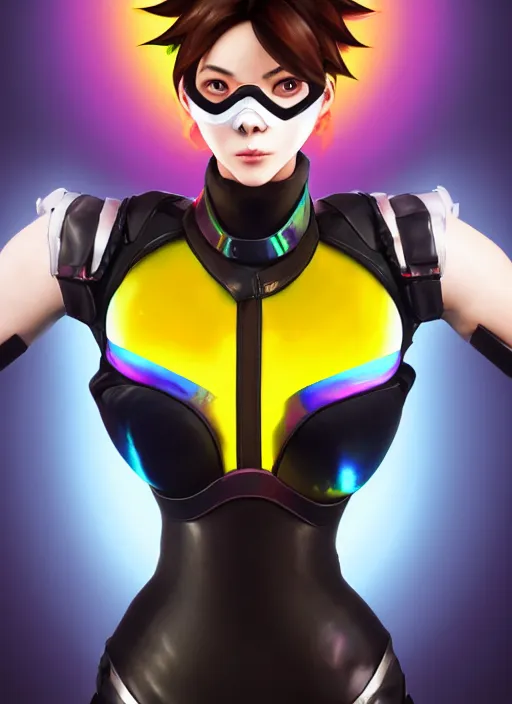 Image similar to overwatch style oil painting portrait of tracer overwatch, confident pose, wearing black iridescent rainbow latex, rainbow, neon, 4 k, expressive surprised expression, makeup, wearing black choker, wearing sleek armor, studio lighting, black leather harness, expressive detailed face and eyes,