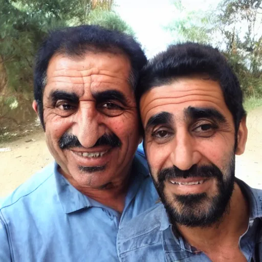 Image similar to my Kurdish dad taking a selfie with the front camera, in the background you can see a chimpanzee wearing male kurdish clothes, 4k uhd photo