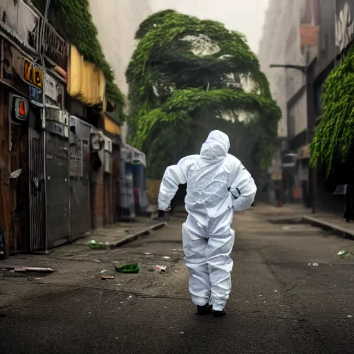 Prompt: a photo of a boy wearing a hazmat suit, on his back is a small plant encased in a clear glass backpack, walking away from the camera, smoke in the background, filthy streets, broken cars. Vines growing. Jpeg artifacts. Full-color photo. Award-winning photo. Samyang/Rokinon Xeen 50mm T1.5