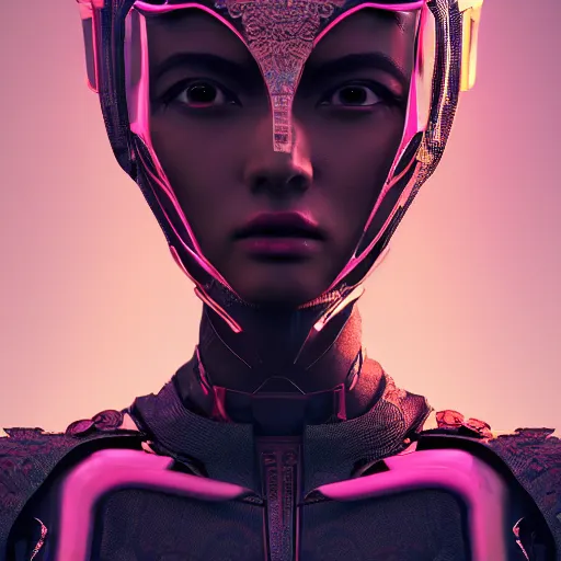 Image similar to alien princess, style of Feng Zhu, Artstation geometric, symmetrical, intricate crown, high fashion, streetwear, smooth skin, perfect face, cyberpunk, detailed, octane render, cinematic, 8k,