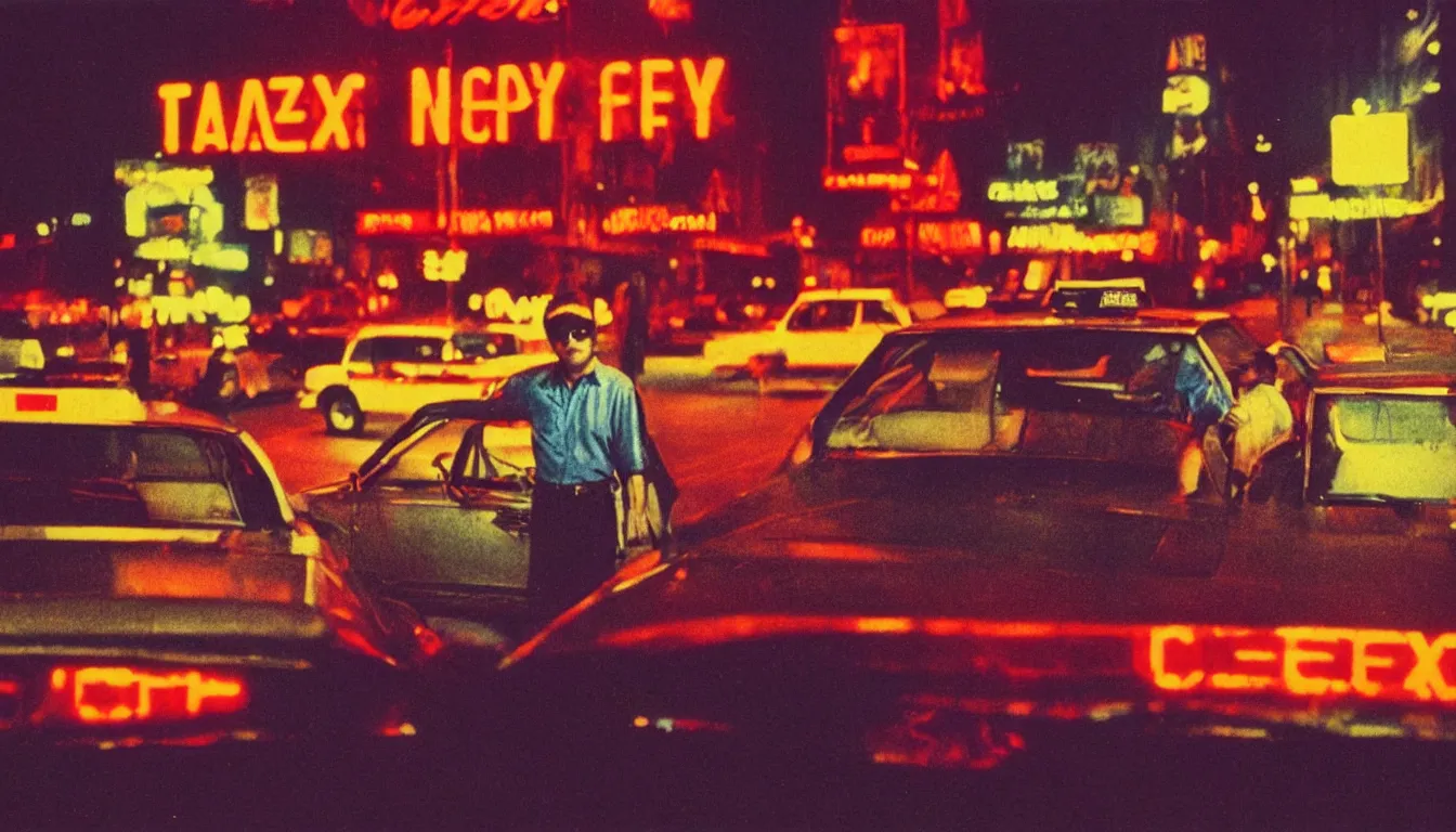 Image similar to 8 0 s polaroid photo, cinema still from movie taxi driver, sleazy man watching night streets, neon signs, colorful haze, americana, high production value, 8 k resolution, hyperrealistic, photorealistic, high definition, high details, tehnicolor, award - winning photography, masterpiece, amazing colors