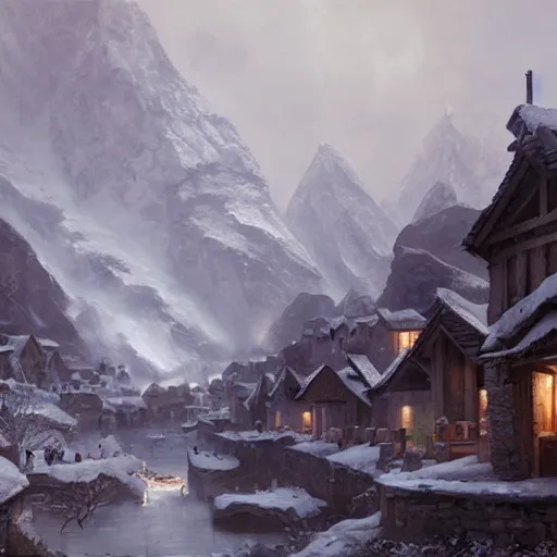 Prompt: an village in blizzardy mountains, Matte painting , detailed painting, greg rutkowski