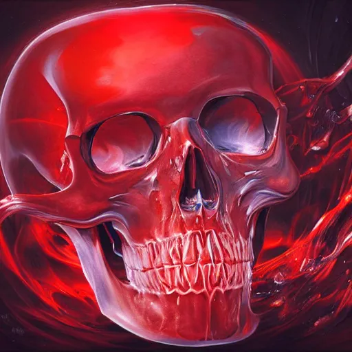 Image similar to turbulent transparent red liquid inside in a transparent skull, alayna lemmer