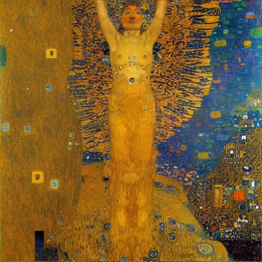 Image similar to flock of golden eagles being born and coming out of the sun, space, dramatic, fantasy,Gustav Klimt, CGI