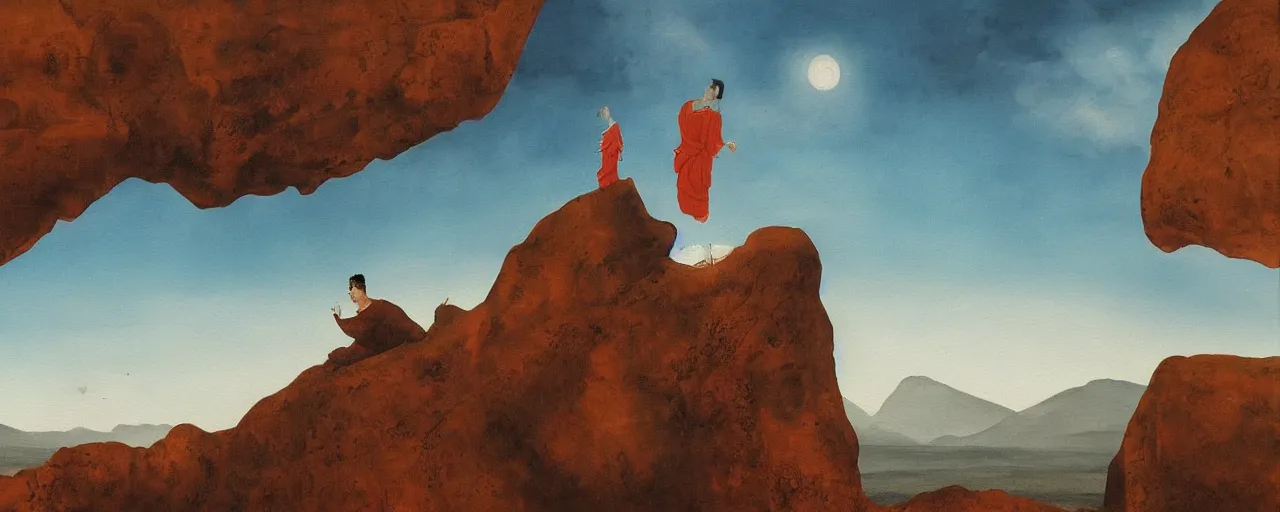 Prompt: a surreal painting of a man reaching a cliff gazing off into the horizon where he sees buddahs eyes in the desert