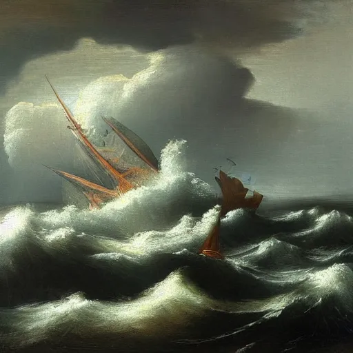 Prompt: dark and stormy night on the open sea, waves crashing over 17th century schooner, oil painting, atmospheric