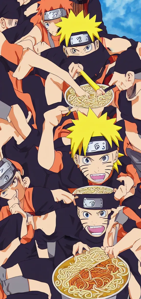 Prompt: naruto eating ramen on a basketball court, anime art