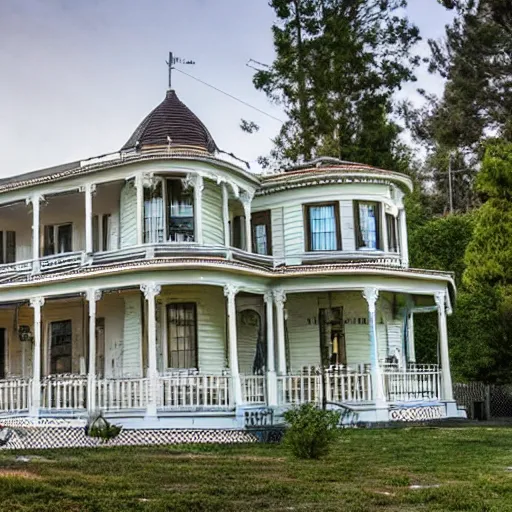 Image similar to a victorian style 2 story house on top of a hill surrounded by an ocean full of sharks