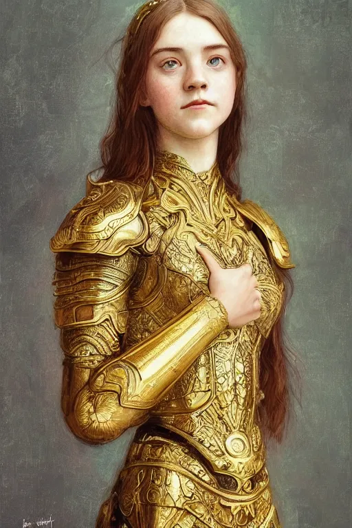 Prompt: a head and torso art nouveau portrait of a 16-year old girl who resembles Saoirse Ronan and Anya Taylor Joy with a worried, intense gaze, ornate intricate golden battle armor, intricate, elegant, highly detailed, digital painting, artstation, concept art, smooth, sharp focus, illustration, art by John William Waterhouse and Bouguereau and Donato Giancola and alphonse mucha