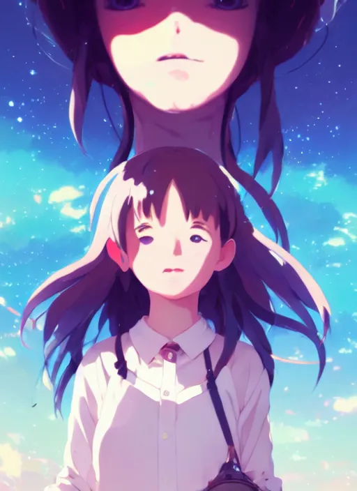 Image similar to portrait of a very cute girl with crazy eyes big, very cool anime space background illustration concept art anime key visual trending pixiv fanbox by wlop and greg rutkowski and makoto shinkai and studio ghibli and kyoto animation