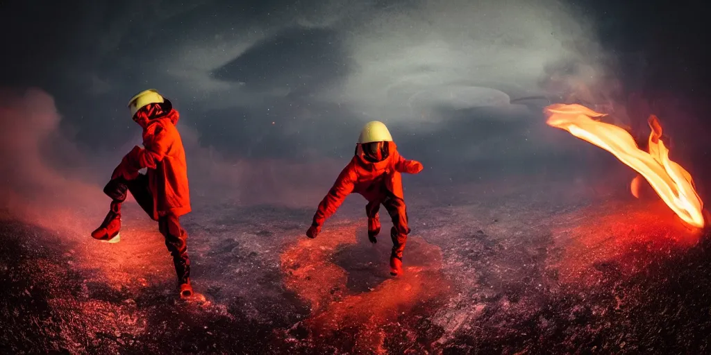 Prompt: fisheye slow motion with trail fire effect of futuristic break dancer wearing long dark cloak and golden helmet emitting fire, long exposure shot , enigmatic, at night in the middle of the arctic with red light A letter, paddle of water, steam, fog, water splashes, rim lights, glossy reflections, water droplets on lens, octane render, Volumetric dynamic lighting, stunning cover magazine, high details,