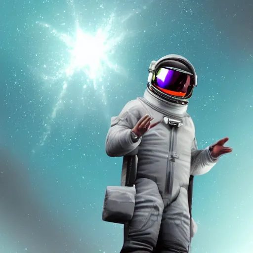 Prompt: a man floating in space thats photorealistic