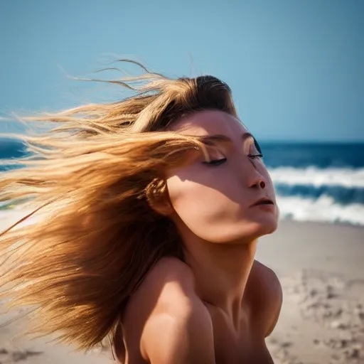 Image similar to A beautiful woman made of sand, blowing away in the wind, high definition photography, professional