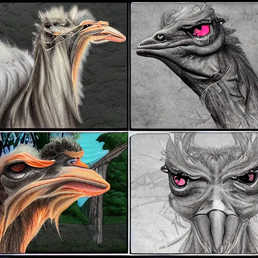 Prompt: a demonic ostrich,extremely detailed multiple unique different art styles.