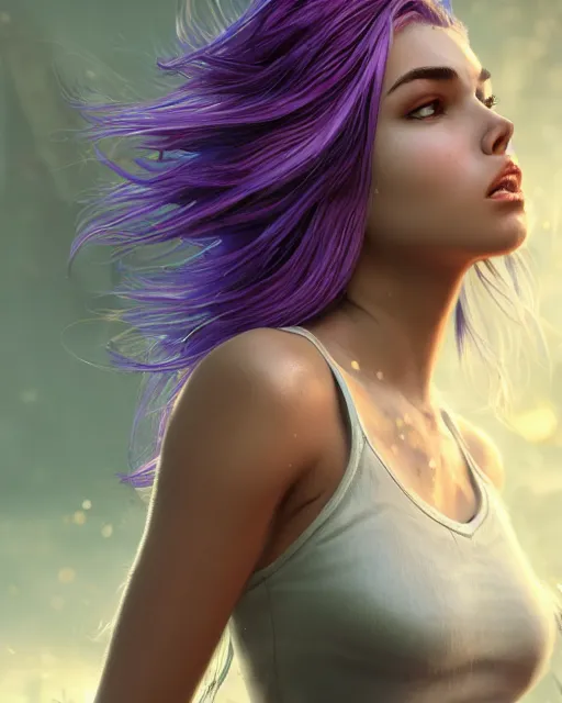 Image similar to madison beer with purple - hair sweaty flowing hair, by marvel trading card, greg rutkowski, wlop, unreal engine, 4 k, hdr