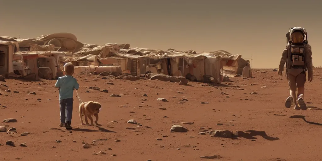 Image similar to a child taking his dog for a walk in the human settlement main city on Mars, 4k, high detail