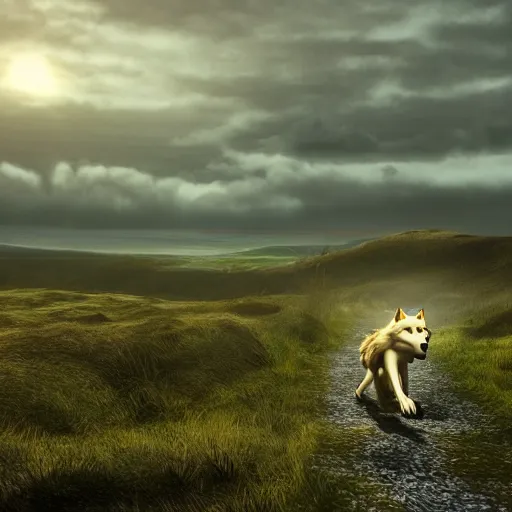 Prompt: photo of a bipedal wolf walking through the irish countryside, beautiful views, artstation, dramatic lighting