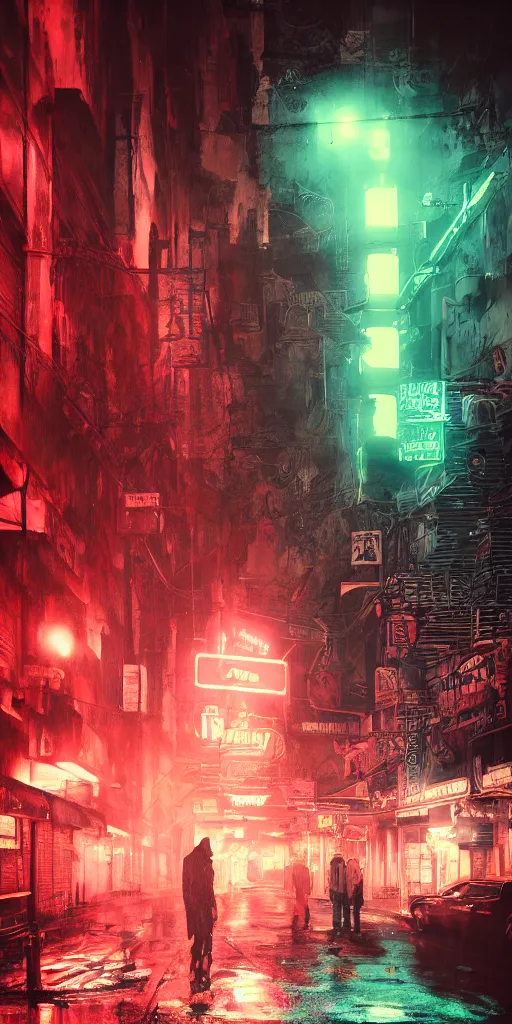 Prompt: gritty infamous mafia street neon by night under heavy rain with neon lights bleeping in red tones, dark, intricate, very detailed, science-fiction, trending on artstation, Nekro, Russ Mills, Taiyo Matsumoto, octane render, 4K,