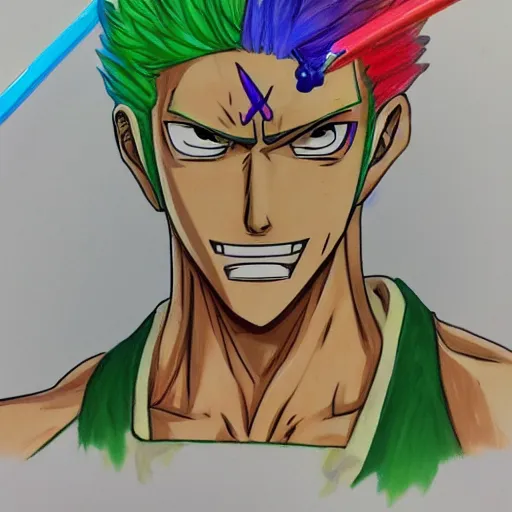 Image similar to colourful pencil sketch of zoro from one piece using mops, beautiful, masterpiece, digital art, detailed, trending on artstation