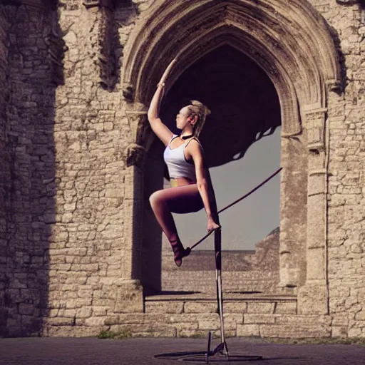 Image similar to beautiful athletic female swinging on large lyra hoop, intricate detail, in front of medieval castle, cinematic compositon, photorealistic